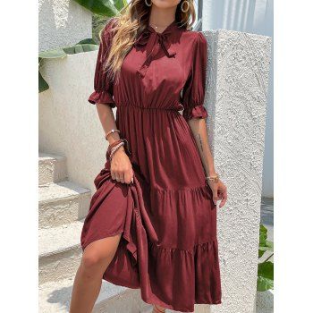 

Bow Tie Collar Ruffle Sleeve Tiered Dress Solid Color High Waist A line Dress, Deep red