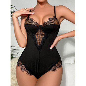 

Valentine's Day Flower Lace Hem Underwire Teddy Bodysuit Adjustable Strap Lingerie Bodysuit Set, Black