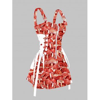 

3D Mushroom Print Lace Up Mini Dress Half Zipper Adjustable Buckle Strap Dress, Red
