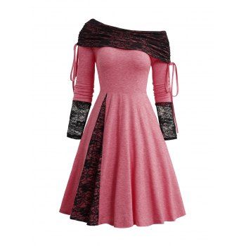 

Women One-piece Collar Casual Lace Panel Mid Waist High Low Long Sleeve Midi Dress, Light pink