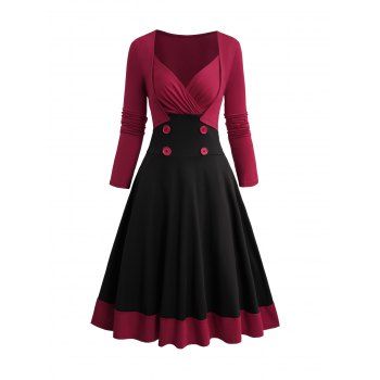 

Two Tone Patchwork Crossover Front Dress Mock Button Sweetheart Neck Long Sleeve Midi Dress, Deep red