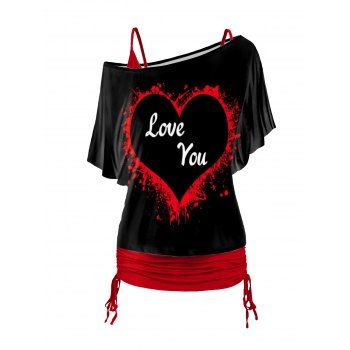 

Valentine's Day Letters Heart Print Oblique Shoulder T Shirt And Cinched V Neck Spaghetti Strap Two Piece Set, Black