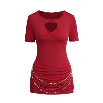 

Valentine's Day Solid Color Cut Out Ruched Faux Peal Chain Belt Short Sleeve T Shirt, Red