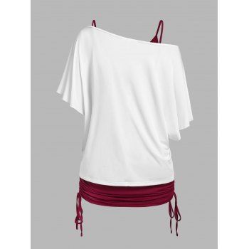 Valentine`s Day Heart Paint Print Oblique Shoulder T-shirt And Cinched V Neck Spaghetti Strap Camisole Two Piece Set 