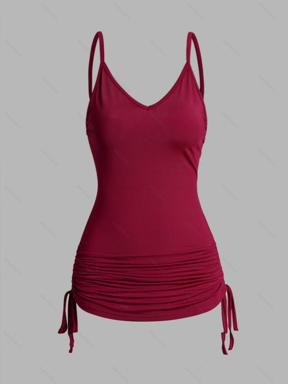 Ensemble de Camisole Cœur Peinture Imprimée à Epaule Dénudée à Volants Deux Pièces à Col V - Rouge foncé XXL | US 12