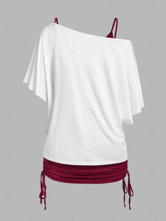 Ensemble de Camisole Cœur Peinture Imprimée à Epaule Dénudée à Volants Deux Pièces à Col V - Rouge foncé XXL | US 12