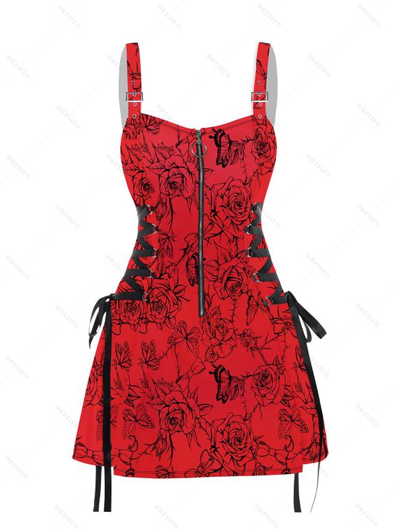 Mini Robe à Bretelle Fine Papillon et Rose Imprimés à Demi-Zip - Rouge foncé M | US 6