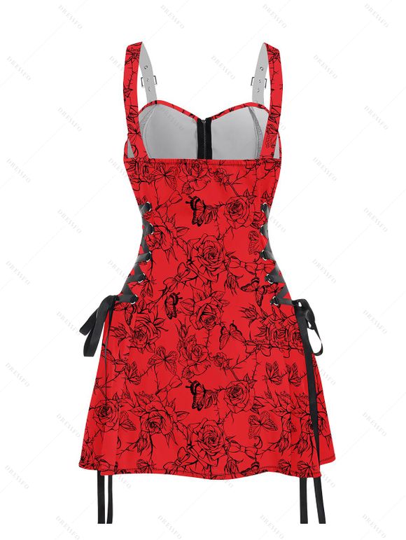 Mini Robe à Bretelle Fine Papillon et Rose Imprimés à Demi-Zip - Rouge foncé M | US 6