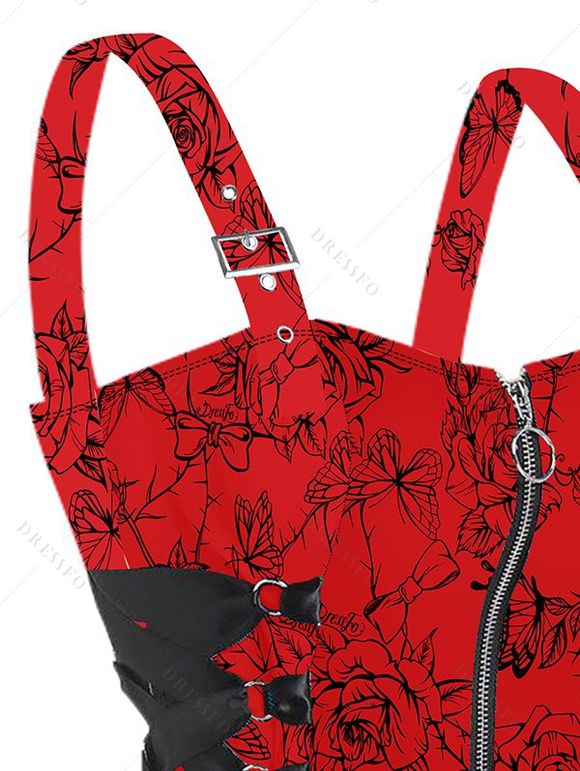 Mini Robe à Bretelle Fine Papillon et Rose Imprimés à Demi-Zip - Rouge foncé M | US 6