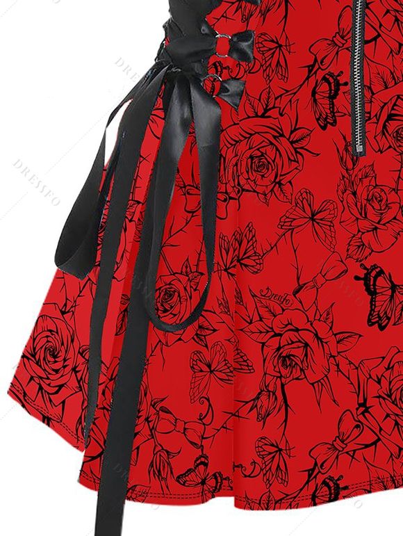 Mini Robe à Bretelle Fine Papillon et Rose Imprimés à Demi-Zip - Rouge foncé M | US 6