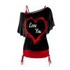Valentine's Day Letters Heart Print Oblique Shoulder T Shirt And Cinched V Neck Spaghetti Strap Two Piece Set