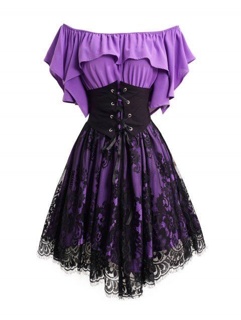 Mesh Overlay Ruffles Short Sleeve Lace-Up Dress Corset Belt Layered Square Neck Mini Dress
