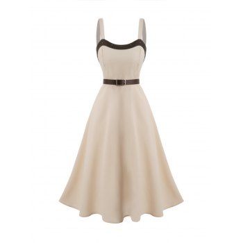 

Contrast Rivets Belted Midi Dress High Waist Sleeveless A Line Dress, Light coffee