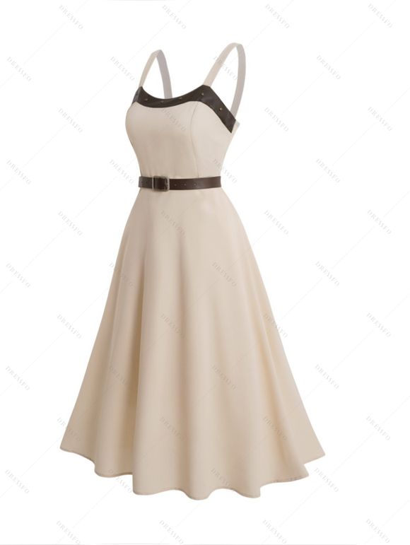 Robe Ligne A Mi-Longue Ceinturée avec Rivets sans Manches à Taille Haute - café lumière XXL | US 14