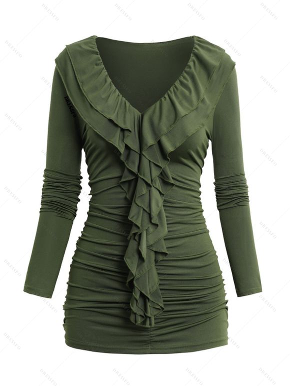 Haut Elastique en Couleur Unie Manches Longues à Col V à Volants - Vert profond M | US 6