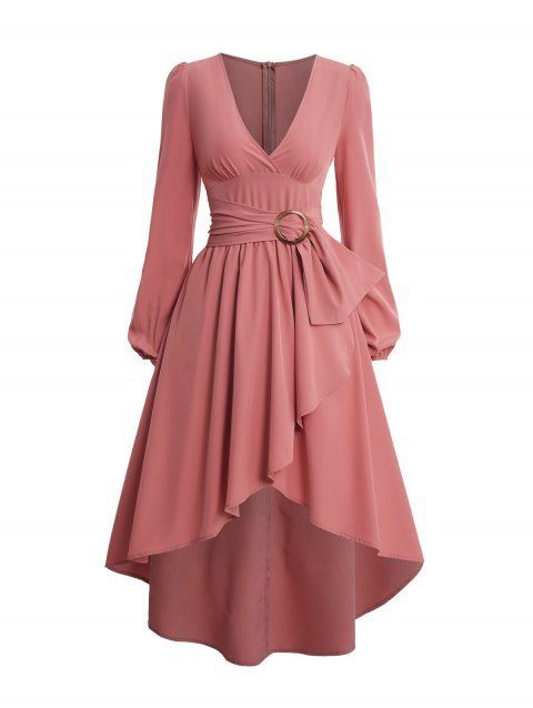 Saint Valentin femme haute Low Wrap Style Midi col V couleur unie irrégulier Casual A Line robe