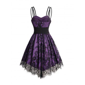 Allover Flower Print Lace Mesh Overlay with Corset Belt Double Spaghetti Strap Cami Dress 