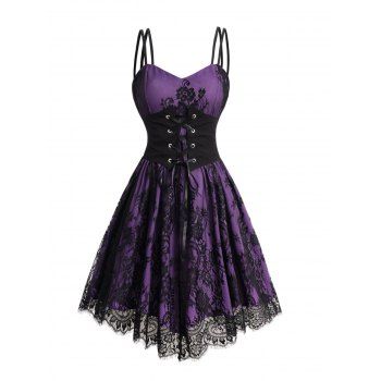 Allover Flower Print Lace Mesh Overlay with Corset Belt Double Spaghetti Strap Cami Dress 