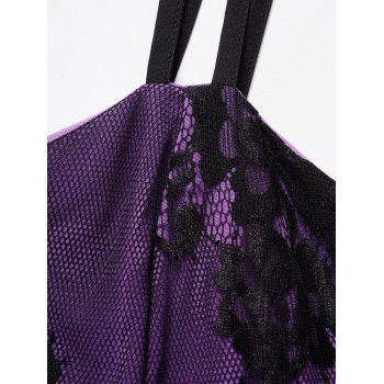 Allover Flower Print Lace Mesh Overlay with Corset Belt Double Spaghetti Strap Cami Dress 