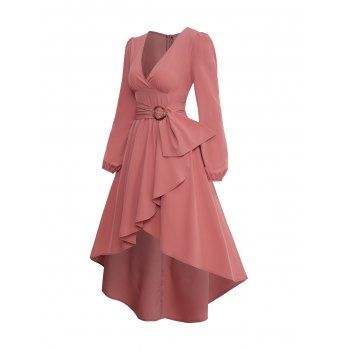 Valentine`s Day Women High Low Wrap Style Midi V Neck Solid Color Irregular Casual A Line Dress 