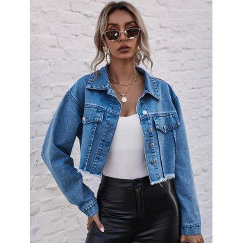 

Full Button Frayed Hem Jeans Top Turn Down Collar Cropped Denim Jacket, Blue