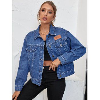 

Front Button Closure Straight Long Sleeve Women's Jean Jacket, Blue