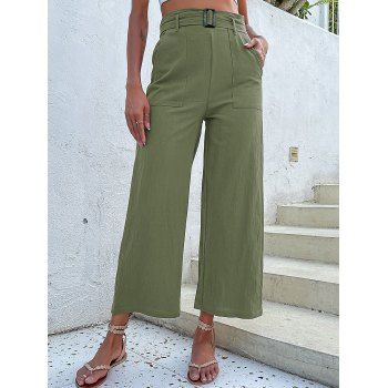 

Slant Pocket Buckle Belted Wide Leg Pants Back Flounce Waist Solid Color Ankle Pants, Light green