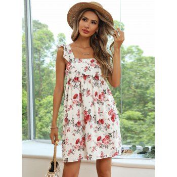 

Flower Print Vacation High Waist Sleeveless Garden Party Dress, White