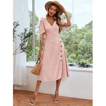 

Summer V Neck Floral Dress Women Print Short Puff Sleeve Long Dress High Waist Button A Line Slim Beach Midi Dress, Light pink