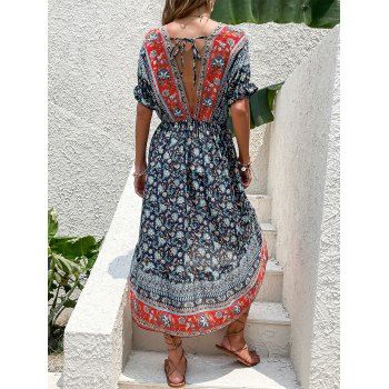 Summer Short Sleeve Floral Print Elegant Pleated Casual V Neck Folk Dress