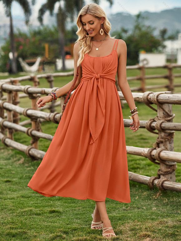 Robe Plissée à Bretelle Fine Ajustable en Couleur Unie à Double Bretelle Fine - Orange S | US 4