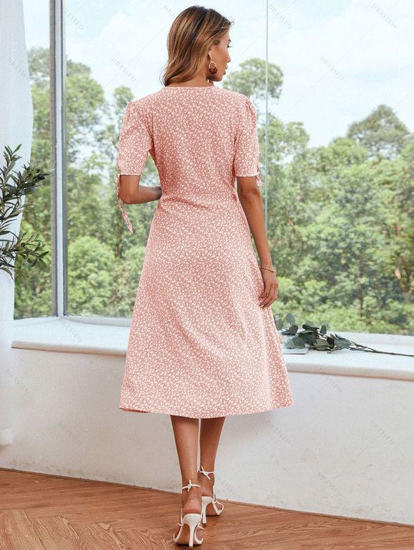 Robe Mi-Longue de Plage Boutonnée Fleurie Imprimée Taille Haute à Manches Bouffantes - Rose clair M | US 6