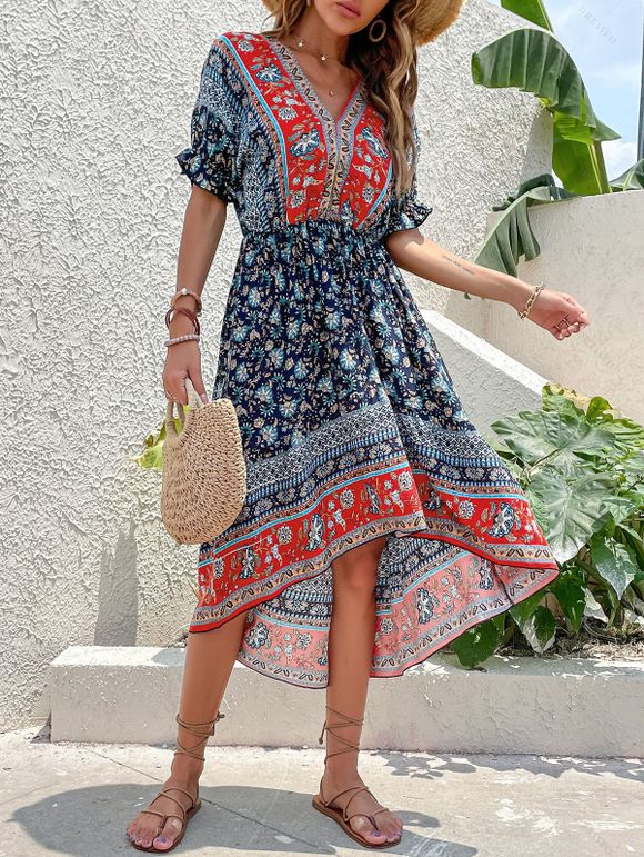 Robe Plissée Imprimée Florale à Col en V à Manches Courtes - Bleu profond M | US 6