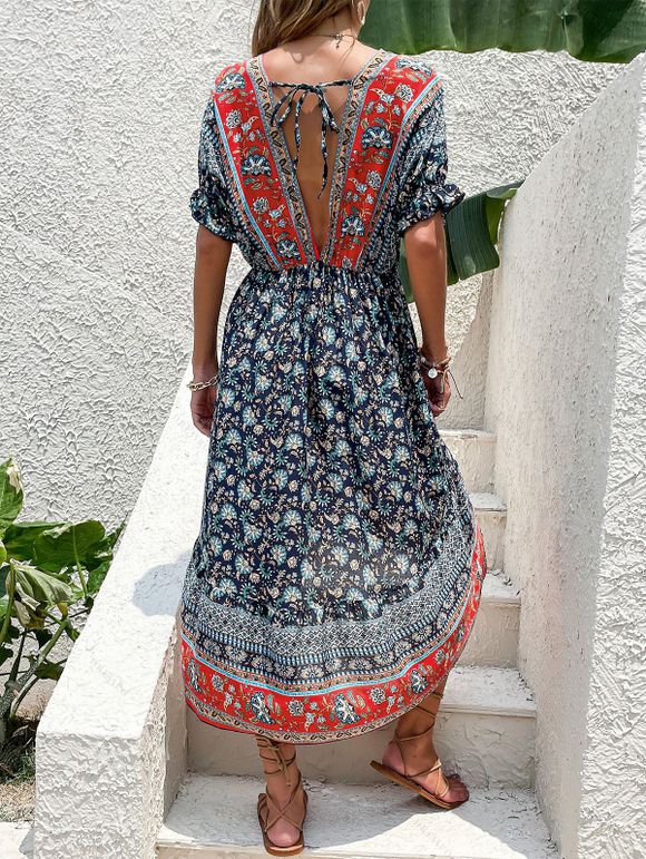 Robe Plissée Imprimée Florale à Col en V à Manches Courtes - Bleu profond M | US 6