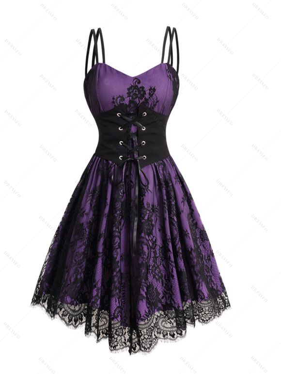 Robe Corset à Bretelle Fine Fleur Imprimée en Dentelle Insérée avec Ceinture - Pourpre XXL | US 14