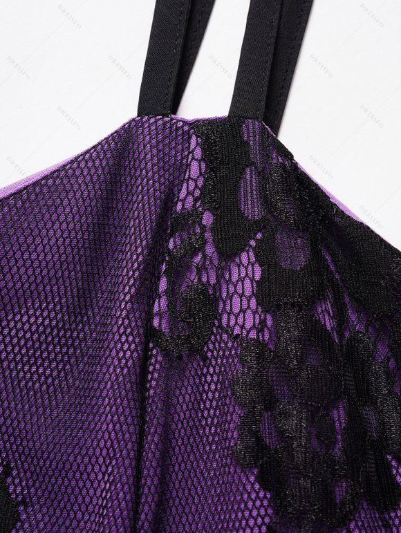 Robe Corset à Bretelle Fine Fleur Imprimée en Dentelle Insérée avec Ceinture - Pourpre XXL | US 14