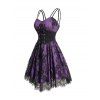 Allover Flower Print Lace Mesh Overlay with Corset Belt Double Spaghetti Strap Cami Dress