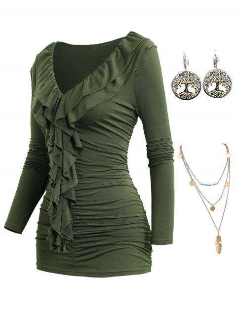 Ruffles Flounce V Neck Solid Color Top And Layered Necklace Life Tree Pattern Drop Earrings Outfit