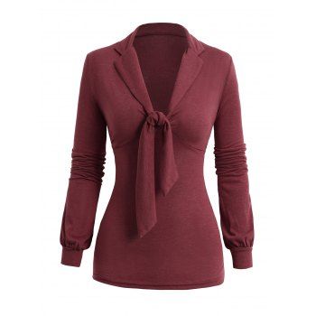 

Knot Lapel Neck Top Plain Color Long Sleeve Casual Top, Deep red