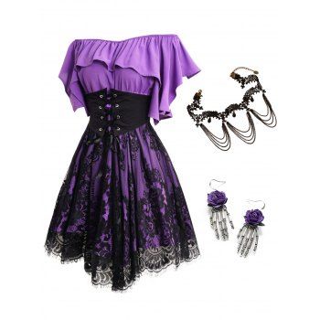 

Mesh Overlay Ruffles Short Sleeve Lace-Up Dress And Hollow Out Necklace Drop Earrings Outfit, Purple