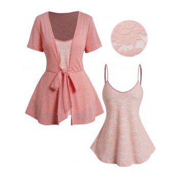 

Valentine's Day Plain Color Short Sleeve Casual Top And Basic Spaghetti Strap Camisole Set, Light pink