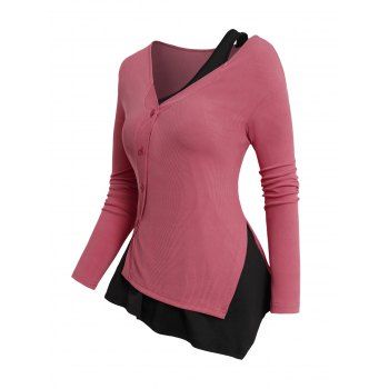 

Valentine's Day Asymmetrical Hem V Neck Faux Twinset Top Long Sleeve Casual Top, Light pink