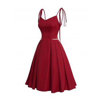 

Valentine's Day Solid Color Tie Shoulder Vintage Pleated Dress Faux Pearl Chain Belt Princess Zipper Back Dress, Red