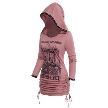 

Gothic Hooded Dress Cinched Ruched Mini Dress Grommet Skull Print Dress, Light pink