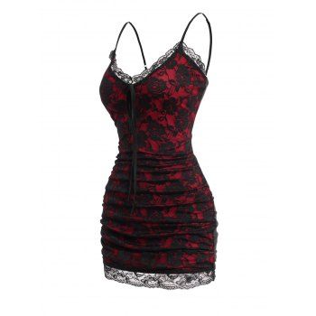 

Allover Flower Print Lace Mesh Overlay Spaghetti Strap Cami Dress, Red