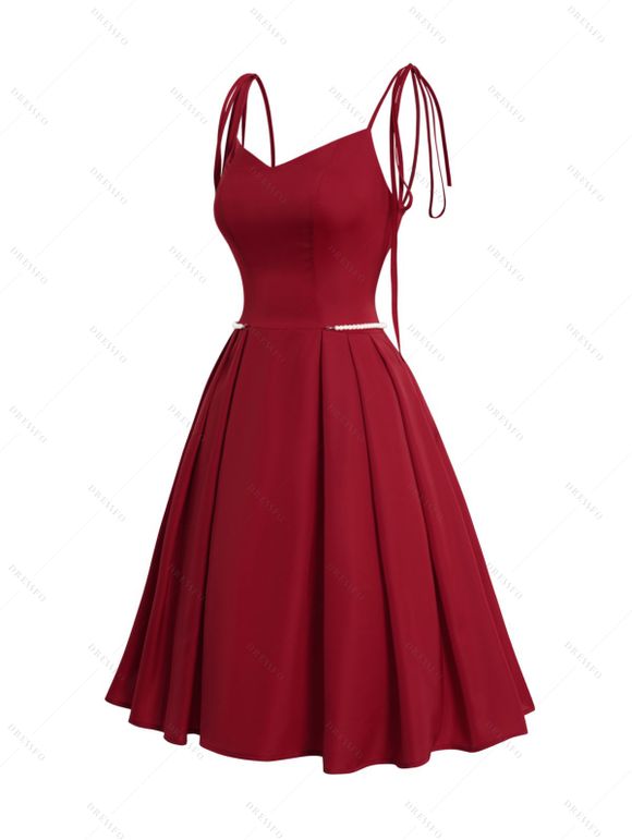 Saint Valentin couleur unie cravate épaule Vintage robe plissée fausse perle chaîne ceinture princesse Zipper robe arrière - Rouge XL | US 12