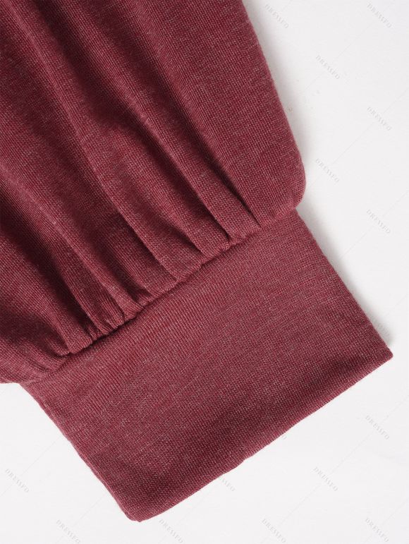 Haut Décontracté Noué en Couleur Unie Manches Longues à Col Revers - Rouge foncé XXL