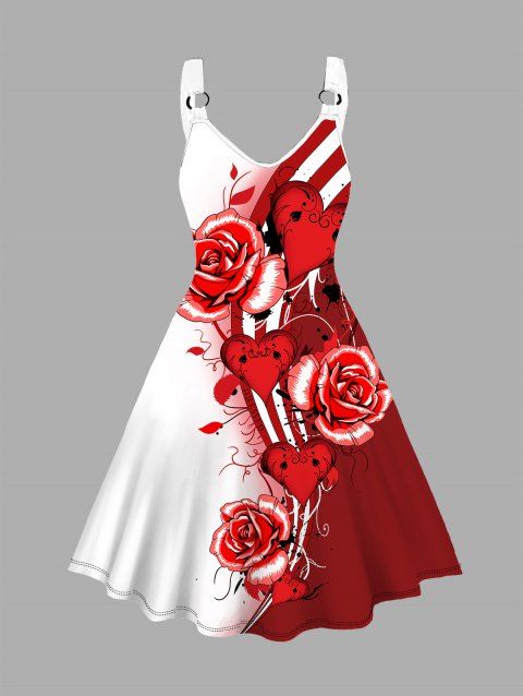 Plus taille de la Saint-Valentin Allover Red Rose Heart Print Robe V Nou de cou choeur de cou