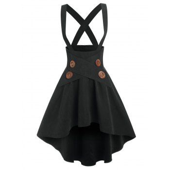 

Mock Button High-low Suspender Skirt, Black