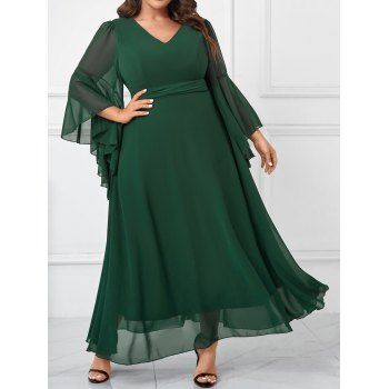 

Plus Size Chiffon Overlay Butterfly Sleeve V Neck Back Bowknot Tied A Line Dress, Deep green